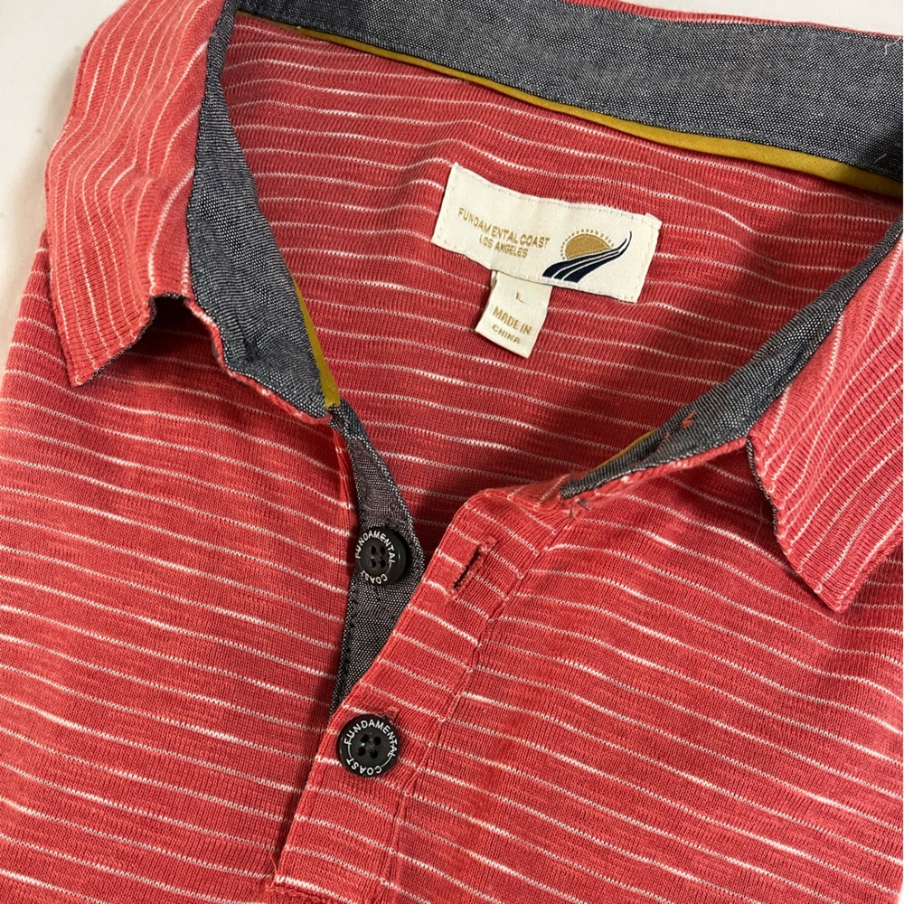 Fundamental Coast L Striped Mitch Polo Shirt Red Sea Coral NWT